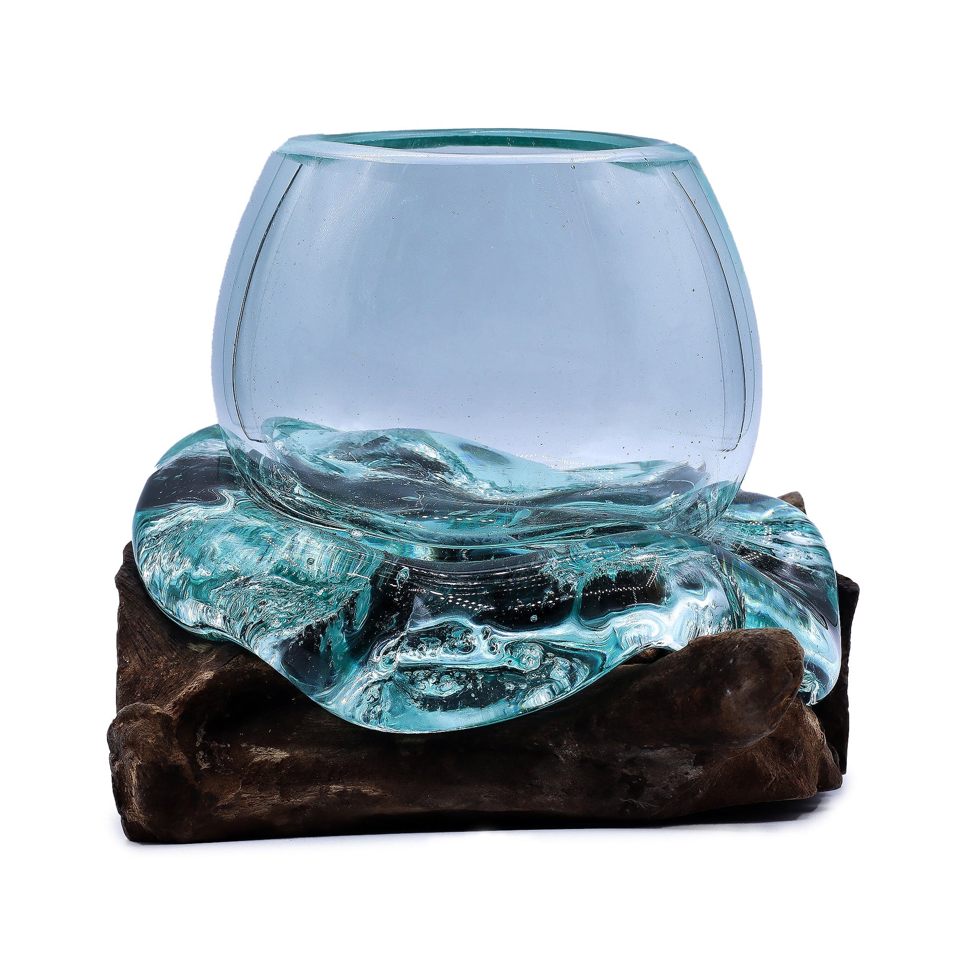 Handmade molten glass bowl with vibrant colors on natural wood base, ideal for home decor by AW GIFTS.