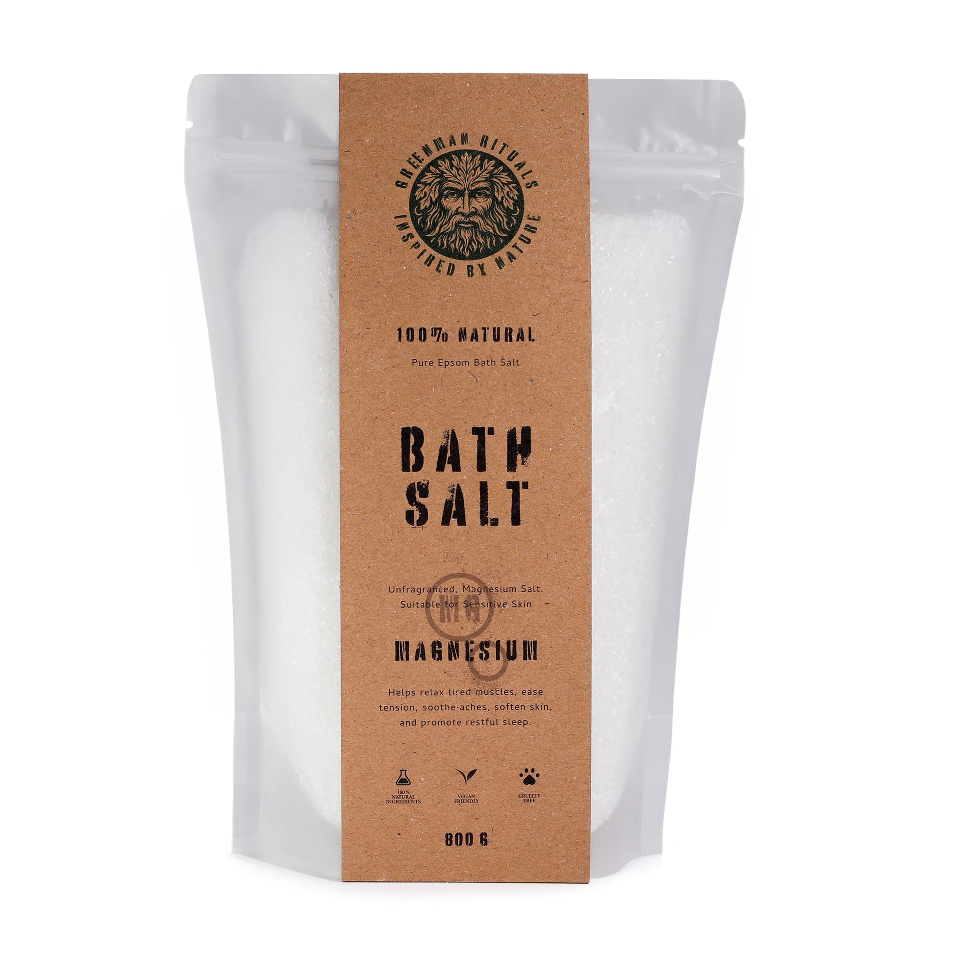 Ancient Wisdom Greenman Rituals Magnesium Epsom Bath Salt in a jar, showing the pure formula for relaxing bath experience.