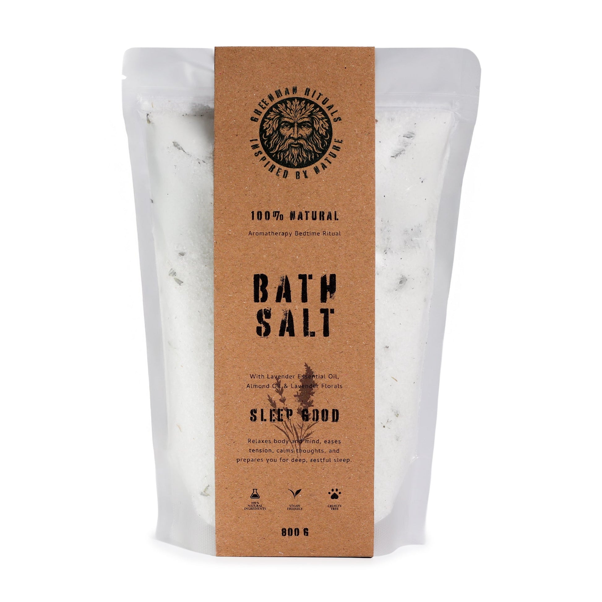 Ancient Wisdom Greenman Rituals Lavender Aromatherapy Epsom Bath Salt for relaxation and restful sleep, shown in a clear container.