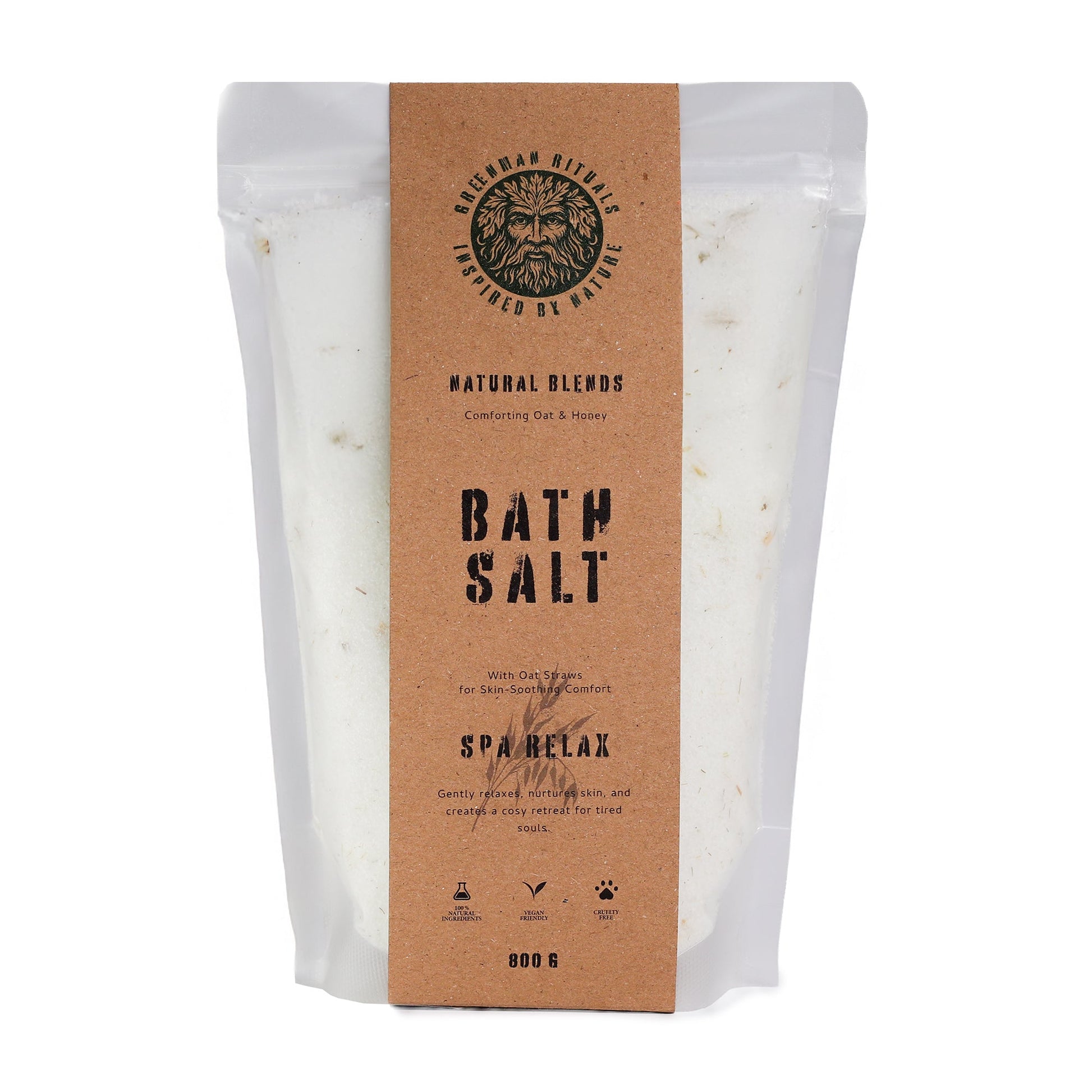 Ancient Wisdom Greenman Rituals Coconut & Vanilla Epsom Bath Salt jar with label and open lid, showcasing relaxing bath salt product.