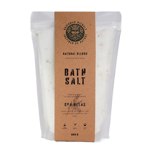 Ancient Wisdom Greenman Rituals Coconut & Vanilla Epsom Bath Salt jar with label and open lid, showcasing relaxing bath salt product.