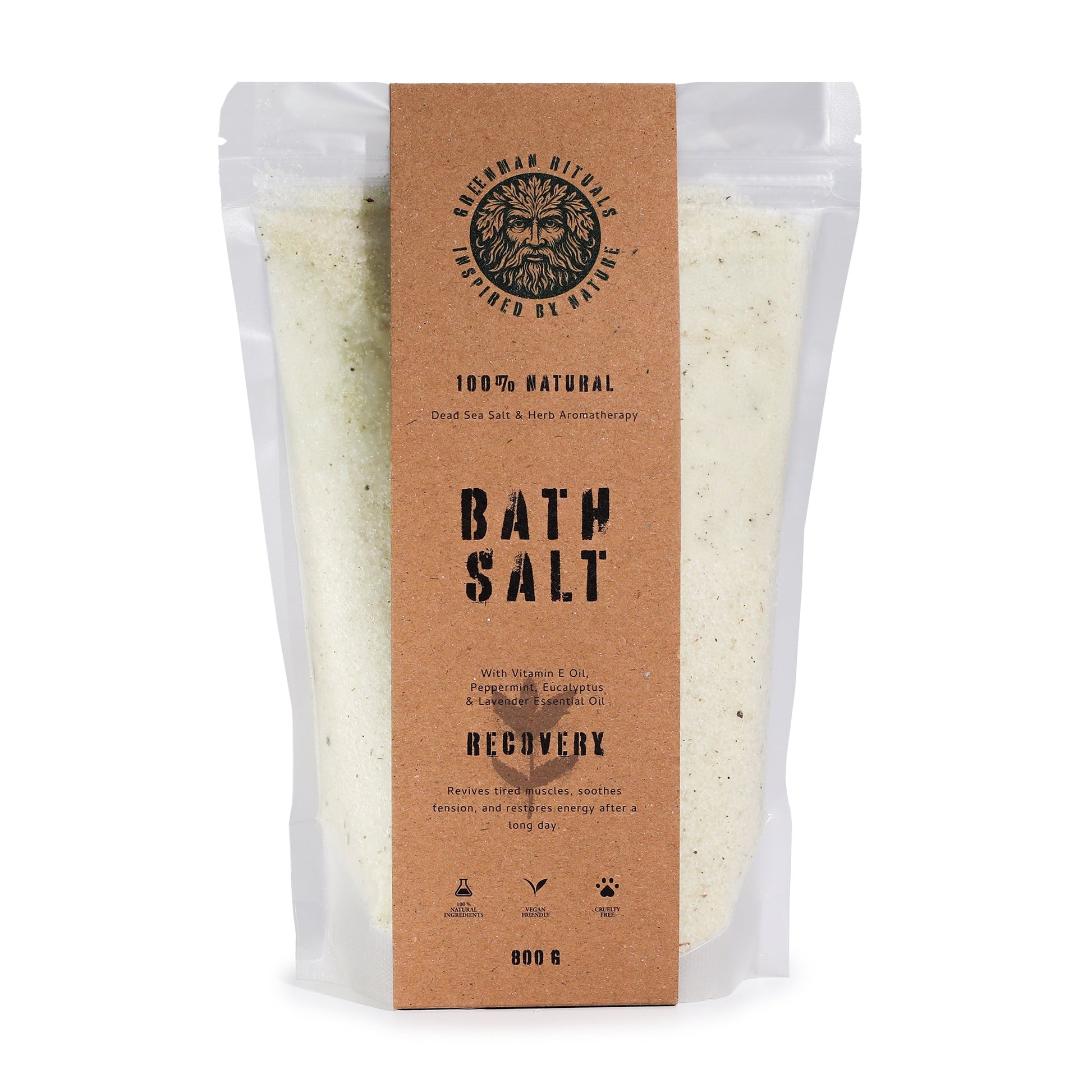 Greenman Rituals Menthol Aromatherapy Epsom Bath Salt for recovery, featuring green and white packaging with bath salts visible.