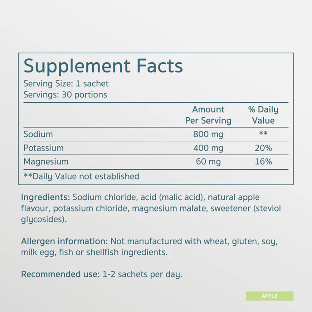 Herbalistas Salte Performance Electrolytes supplement in apple flavor, 30 sachets, featuring vibrant packaging and sachets.