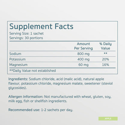 Herbalistas Salte Performance Electrolytes supplement in apple flavor, 30 sachets, featuring vibrant packaging and sachets.