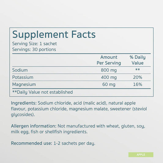 Herbalistas Salte Performance Electrolytes supplement in apple flavor, 30 sachets, featuring vibrant packaging and sachets.