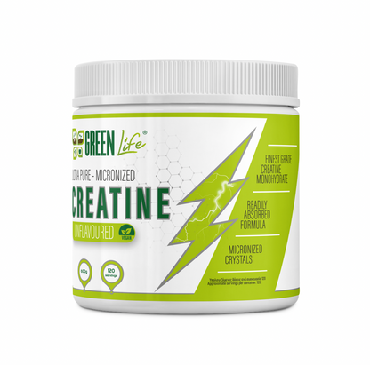 Green Life Ultra Pure Micronized Creatine Monohydrate in unflavored powder, vegan supplement, 600g, 120 servings.