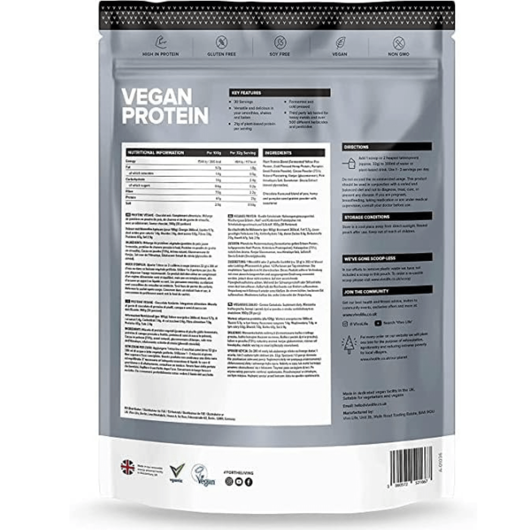 Vivo Life plant-based protein powder scoop with 30 servings, showing the colorful label and packaging details.