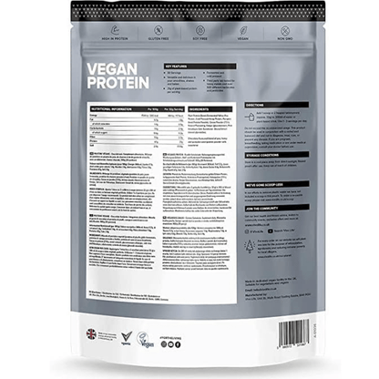 Vivo Life plant-based protein powder scoop with 30 servings, showing the colorful label and packaging details.