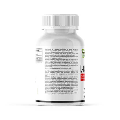 NOW FOODS Green Life L-Carnitine supplement bottle with 90 capsules, showing the label and capsules in the image.
