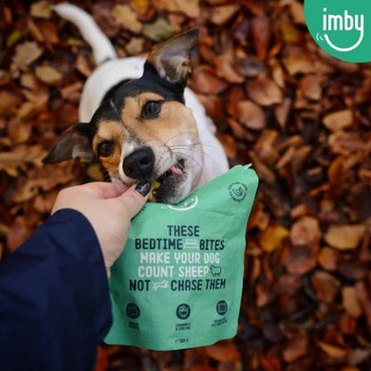 IMBY Snooze & Sleep dog product, 100g package featuring calming ingredients for pet relaxation.