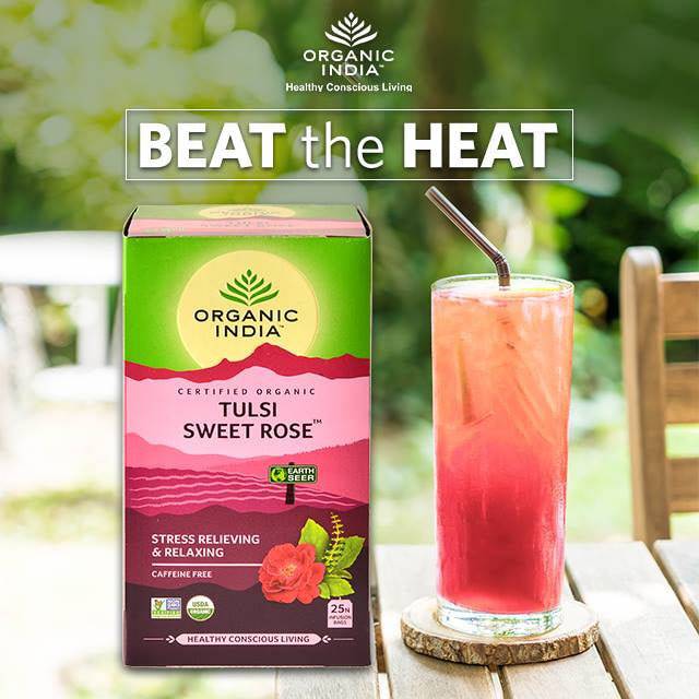 Organic India BIO Tulsi Sweet Rose Tea, caffeine-free with 25 infusion bags, displayed in a tea bag and packaging.