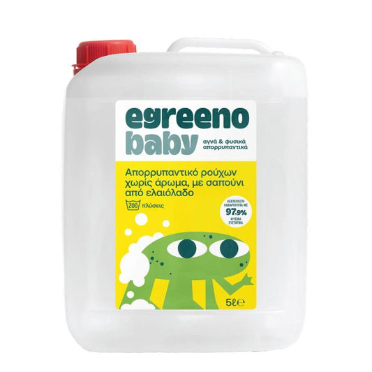 Egreeno Baby Laundry Detergent 5L bottle with olive oil soap, unscented, designed for gentle baby clothes washing.