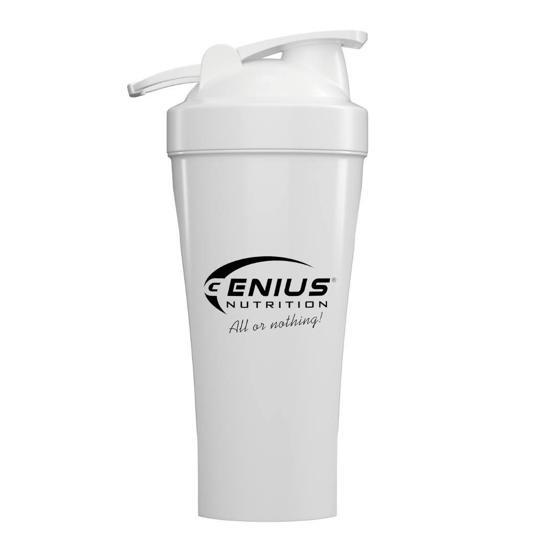 Genius Nutrition Shaker 600ml plastic bottle with screw-on lid and mixing ball for protein shakes and supplements.
