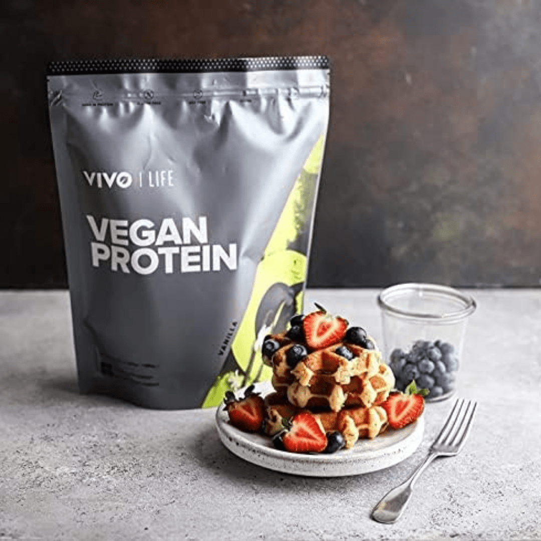 Vivo Life plant-based protein powder with 30 servings, showing the powder container and scoop on a white background.