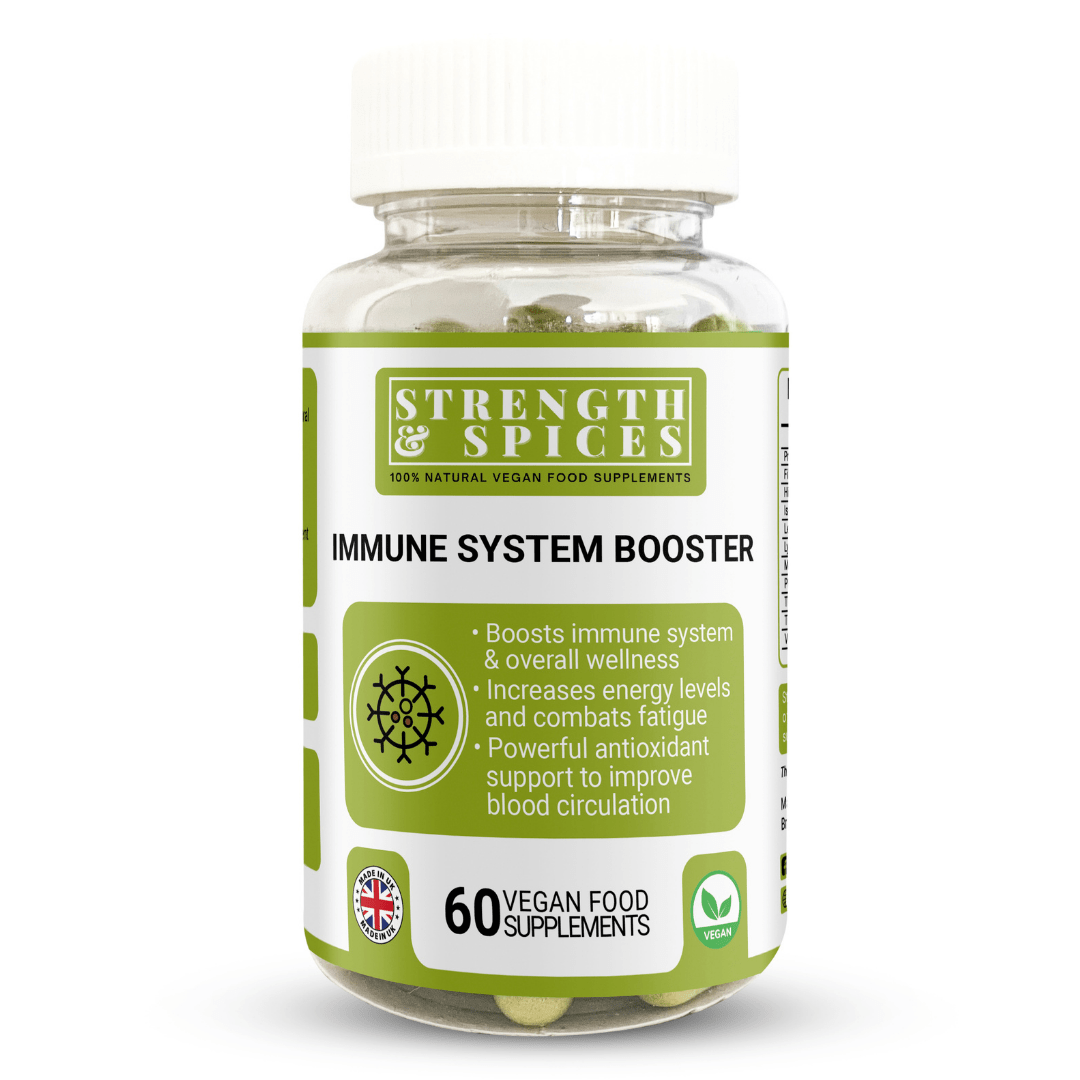 Bottle of Strength & Spices Immune Booster supplement with 60 capsules, 1000mg for immune support and wellness.