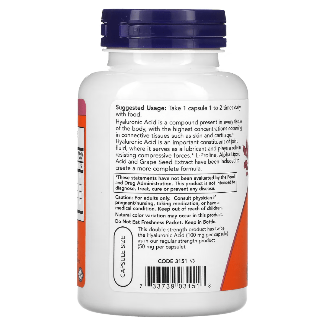 NOW Foods, Hyaluronic Acid, Double Strength, 100 mg, 120 Veg Capsules - GREEN LIFE CYPRUS