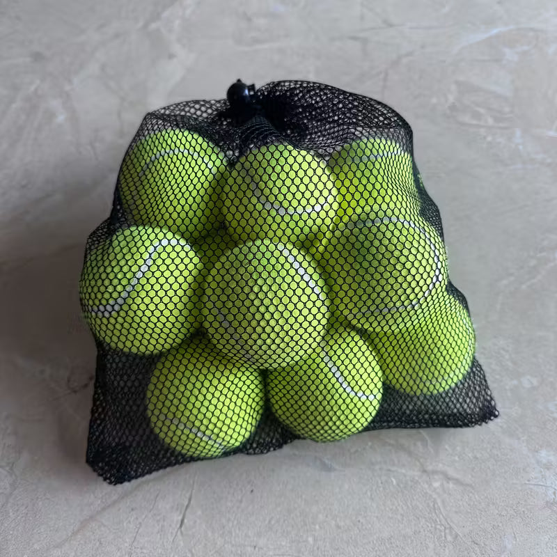 Set of 12 TEMU tennis balls with a storage pack, ready for practice or matches, showing bright yellow tennis balls inside a compact case.