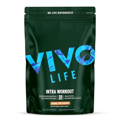 Vivo Life Intra-Workout supplement bottle with 20 servings, showing the label and product packaging in a clear, close-up shot.