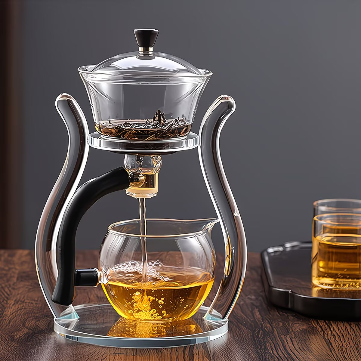 Borosilicate glass Gongfu tea set with teapot and cups, semi-automatic, for brewing tea in a lazy style, by TEMU.