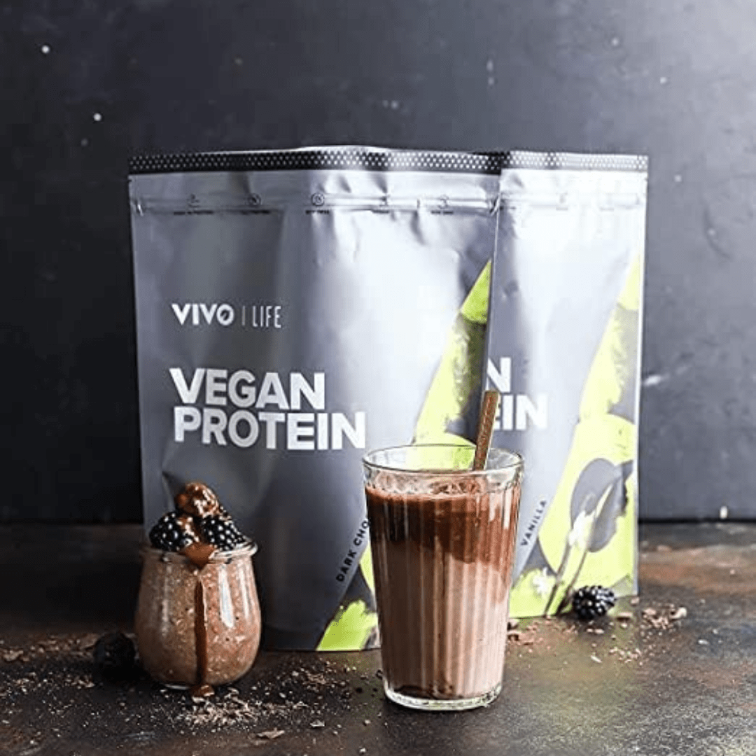Vivo Life plant-based protein powder in a 30-serving container, showing the label and scoop for vegan protein supplement.