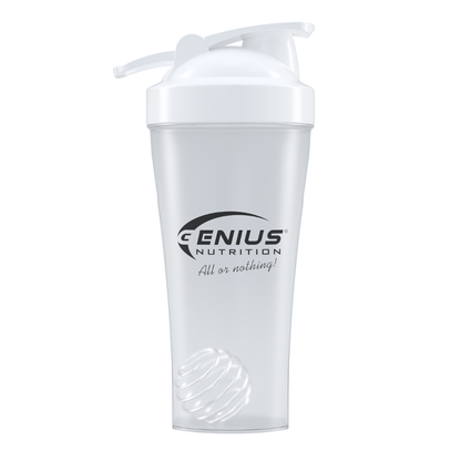 Genius Nutrition 600ml shaker bottle for supplements and drinks, with a screw-on lid and mixing ball inside.