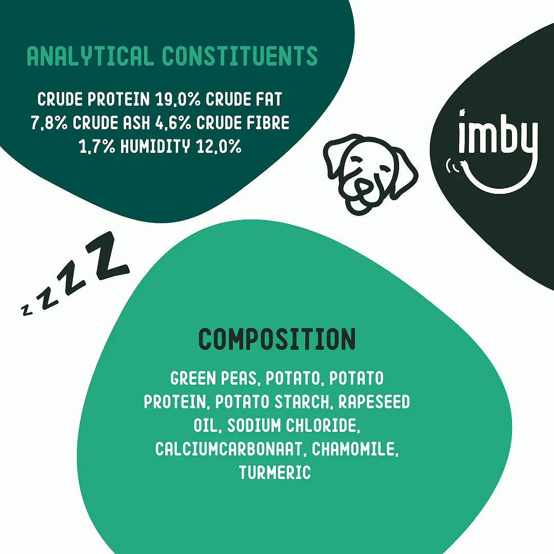 IMBY Snooze & Sleep for dogs, 100g package featuring calming herbal ingredients for better sleep and relaxation.