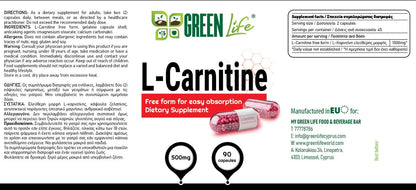 NOW Foods Green Life L-Carnitine supplement, 500 mg capsules, 90 count bottle, dietary supplement for energy and metabolism.