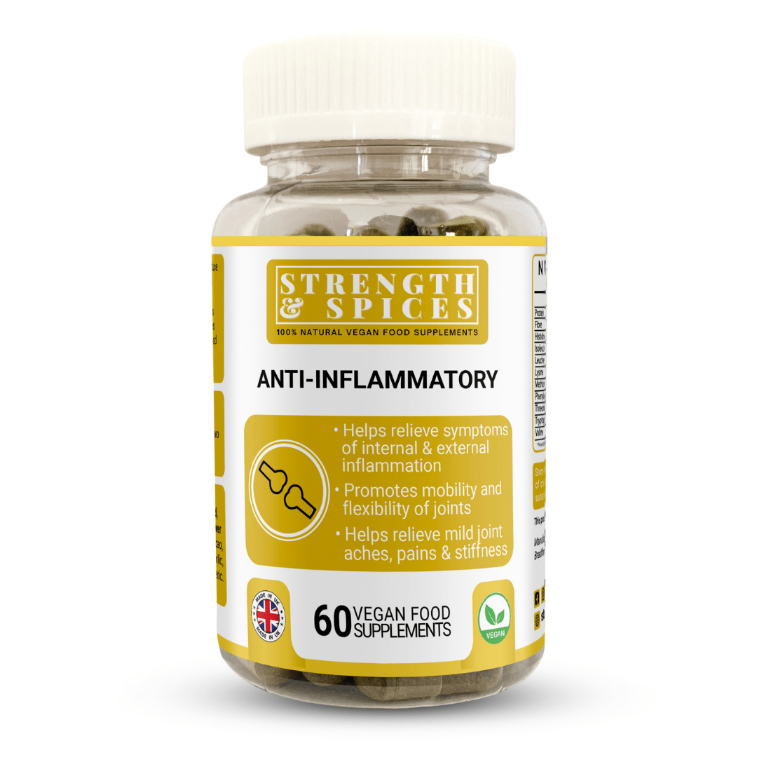 Anti-inflammatory supplement by Strength & Spices with 60 capsules of 1000mg formula, shown in a clear container.
