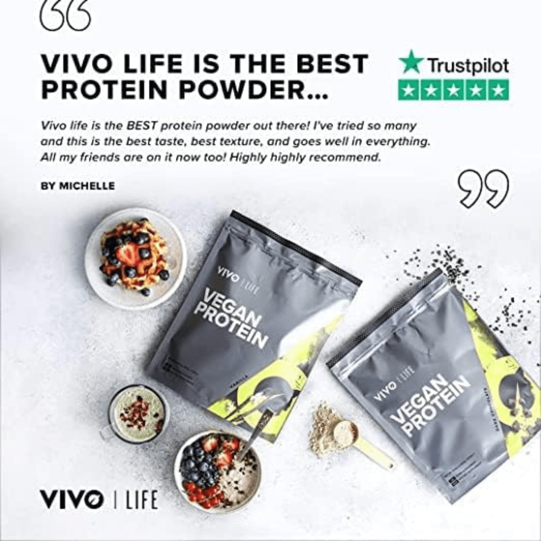 Vivo Life plant-based protein powder in a container, showing 30 servings, with a scoop and fresh ingredients around it.