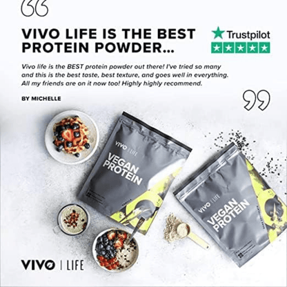Vivo Life plant-based protein powder in a container, showing 30 servings, with a scoop and fresh ingredients around it.