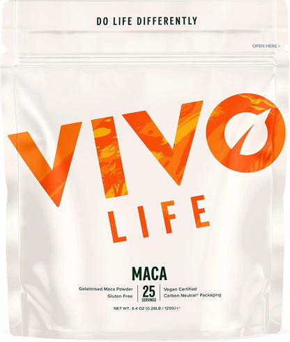 VIVO LIFE MACA Passion & Power supplement in a jar, featuring vibrant packaging with organic maca root powder for energy and vitality