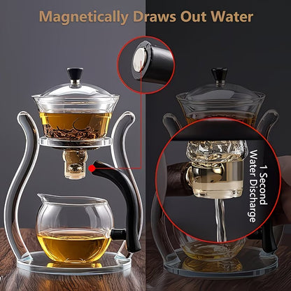 Borosilicate glass gongfu tea set with lazy style teapot and suction brewing system, featuring elegant glass cups and brewing accessories.