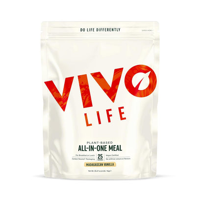 Vivo Life Whole Plant-Based Nutritional Shake supplement in a container with a scoop and ingredients visible.