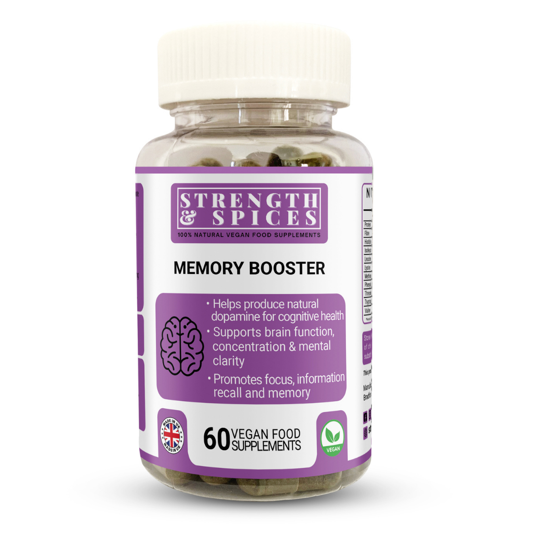 Memory and brain support supplement by Strength & Spices in a bottle of 60 capsules, labeled as 1000mg for cognitive health.