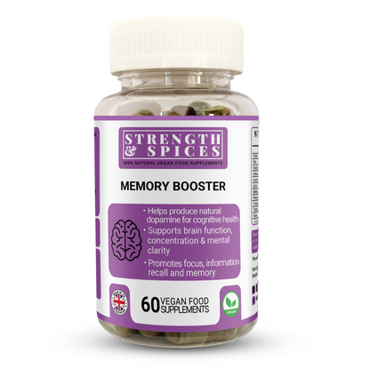 Memory and brain support supplement by Strength & Spices in a bottle of 60 capsules, labeled as 1000mg for cognitive health.