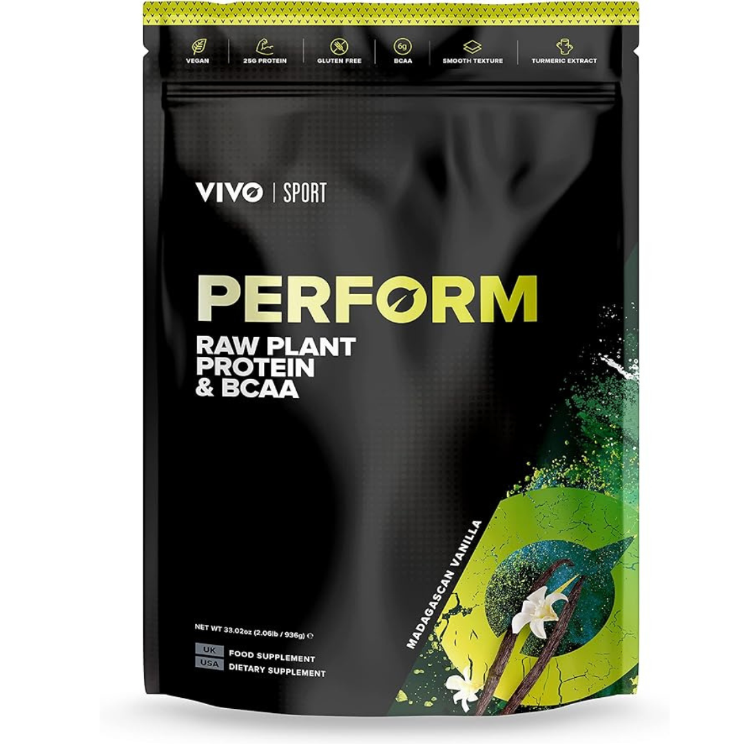 Large container of Vivo Life PERFORM Raw Plant Protein & BCAA protein powder with a label featuring natural ingredients.