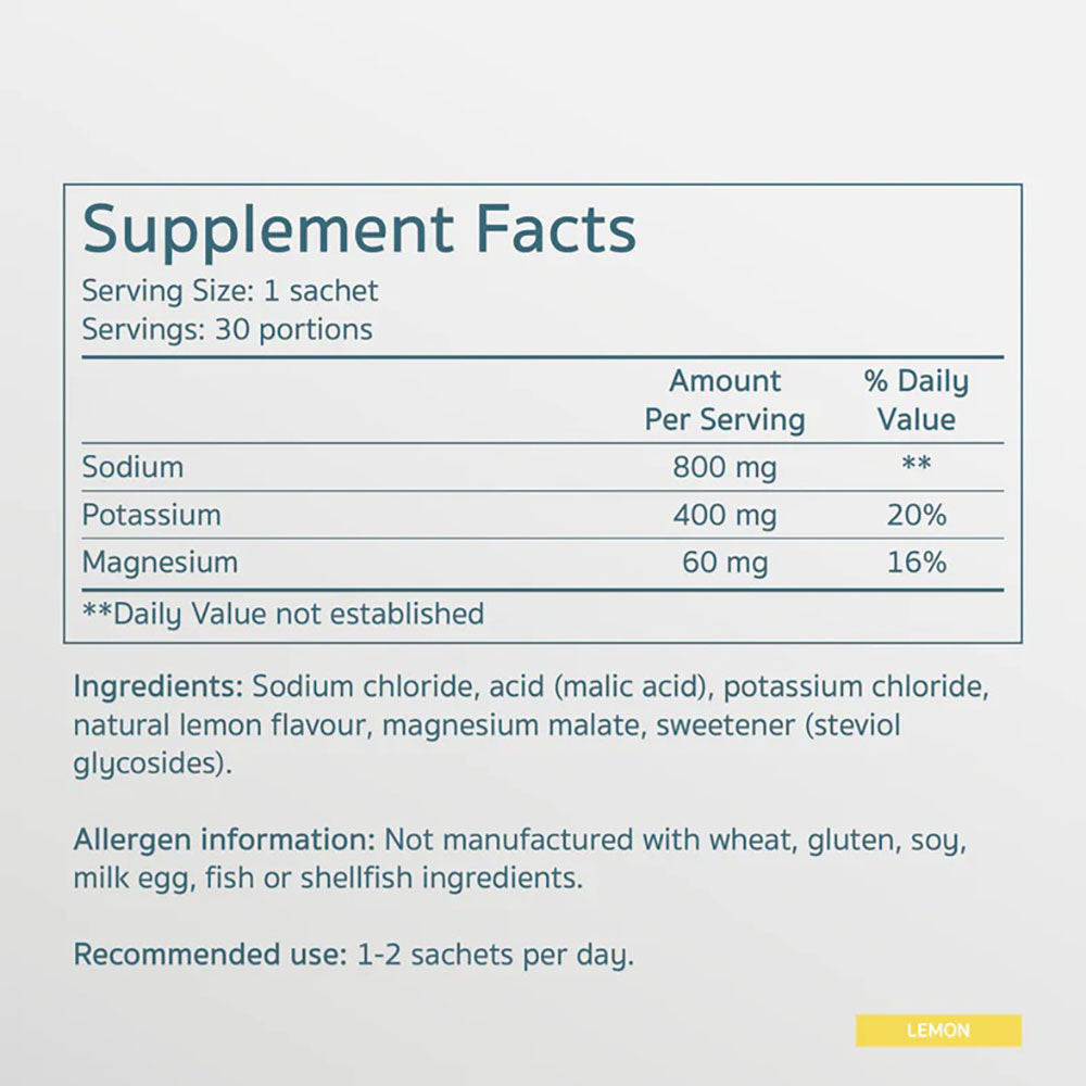 Herbalistas Salte Lemon flavored electrolyte supplement sachets, 30 count, for hydration and electrolyte balance.