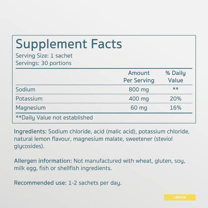 Herbalistas Salte Lemon flavored electrolyte supplement sachets, 30 count, for hydration and electrolyte balance.