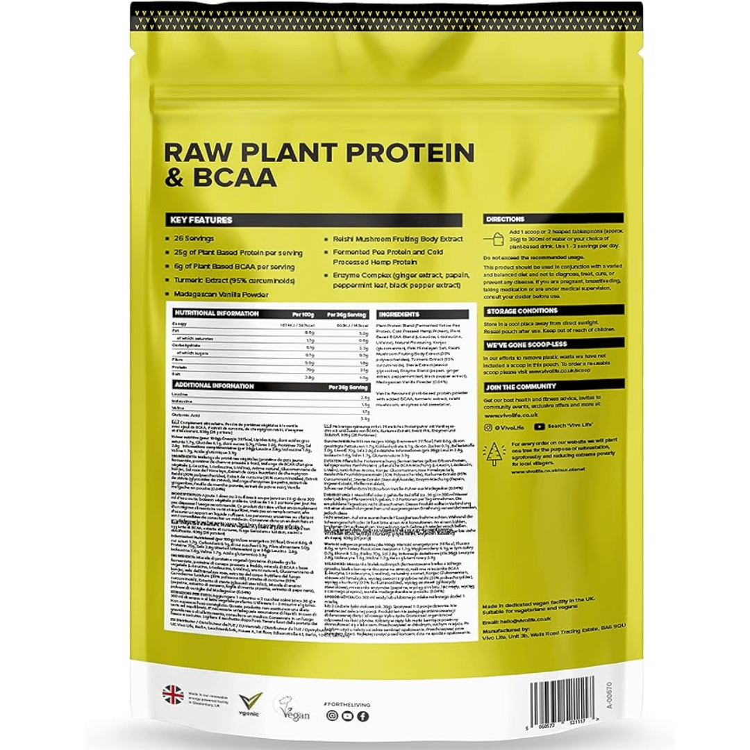 Large bag of Vivo Life PERFORM Raw Plant Protein & BCAA powder, with scoop and label details visible.