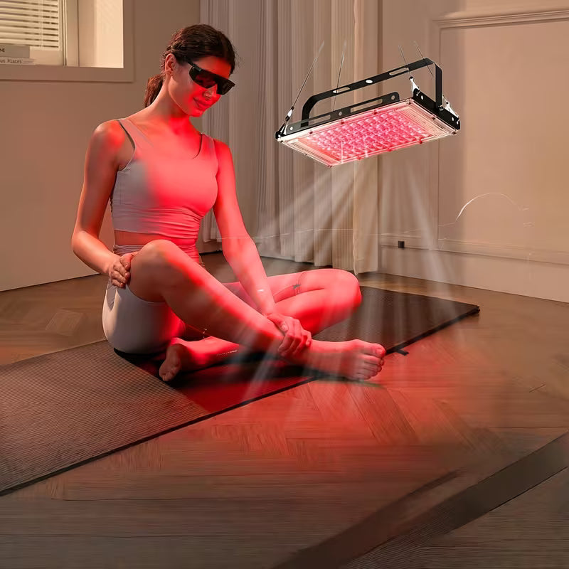Full-spectrum red light therapy panel by TEMU with 660 nm LED lights, designed for skin and facial care, shown glowing in the image.