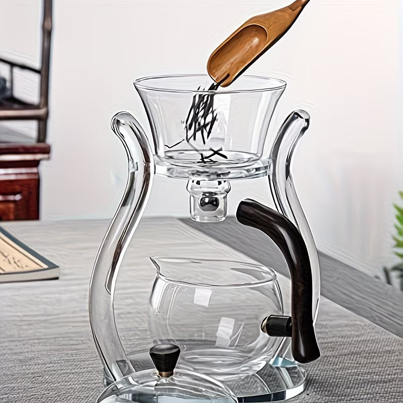 Premium TEMU semi-automatic borosilicate glass Gongfu tea set with lazy-style teapot and suction brewing components.