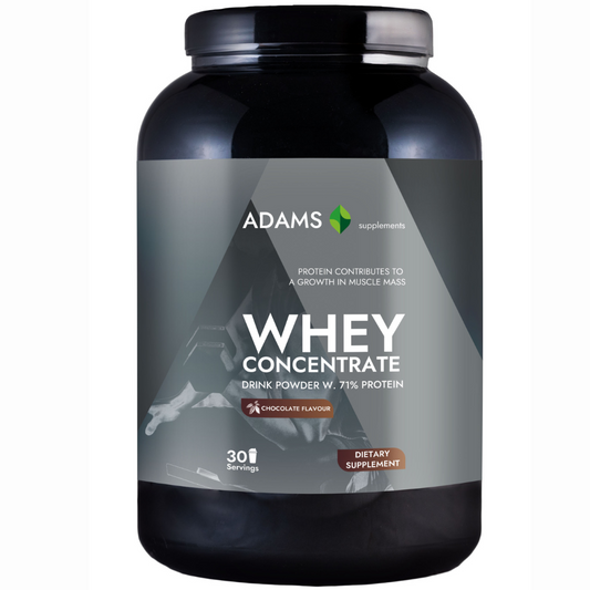 Adams Supplements whey concentrate protein powder in a 908g container, shown with a scoop and powder inside.