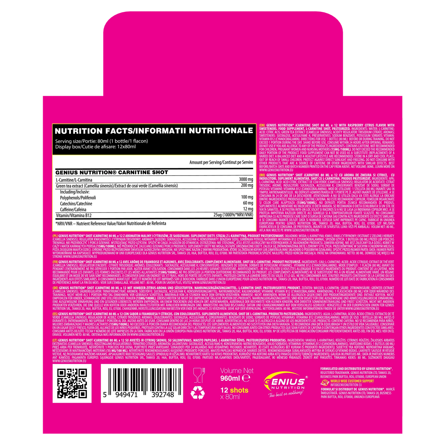 Genius Nutrition Carnitine Shot 80ml supplement bottle with label, designed for energy and fat metabolism.