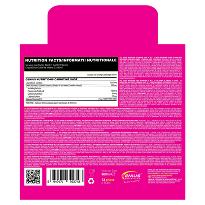 Genius Nutrition Carnitine Shot 80ml supplement bottle with label, designed for energy and fat metabolism.