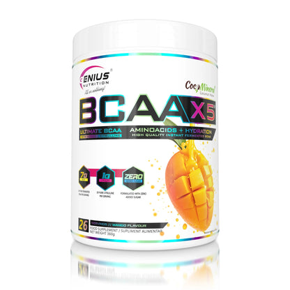 Genius Nutrition BCAA-X5 supplement in mango flavor, 360g jar with 30 servings, showing the colorful mango-flavored powder.