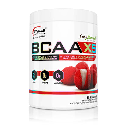 Genius Nutrition BCAA-X5 supplement in lychee dreams flavor, 360g container with 30 servings, featuring a colorful product label.