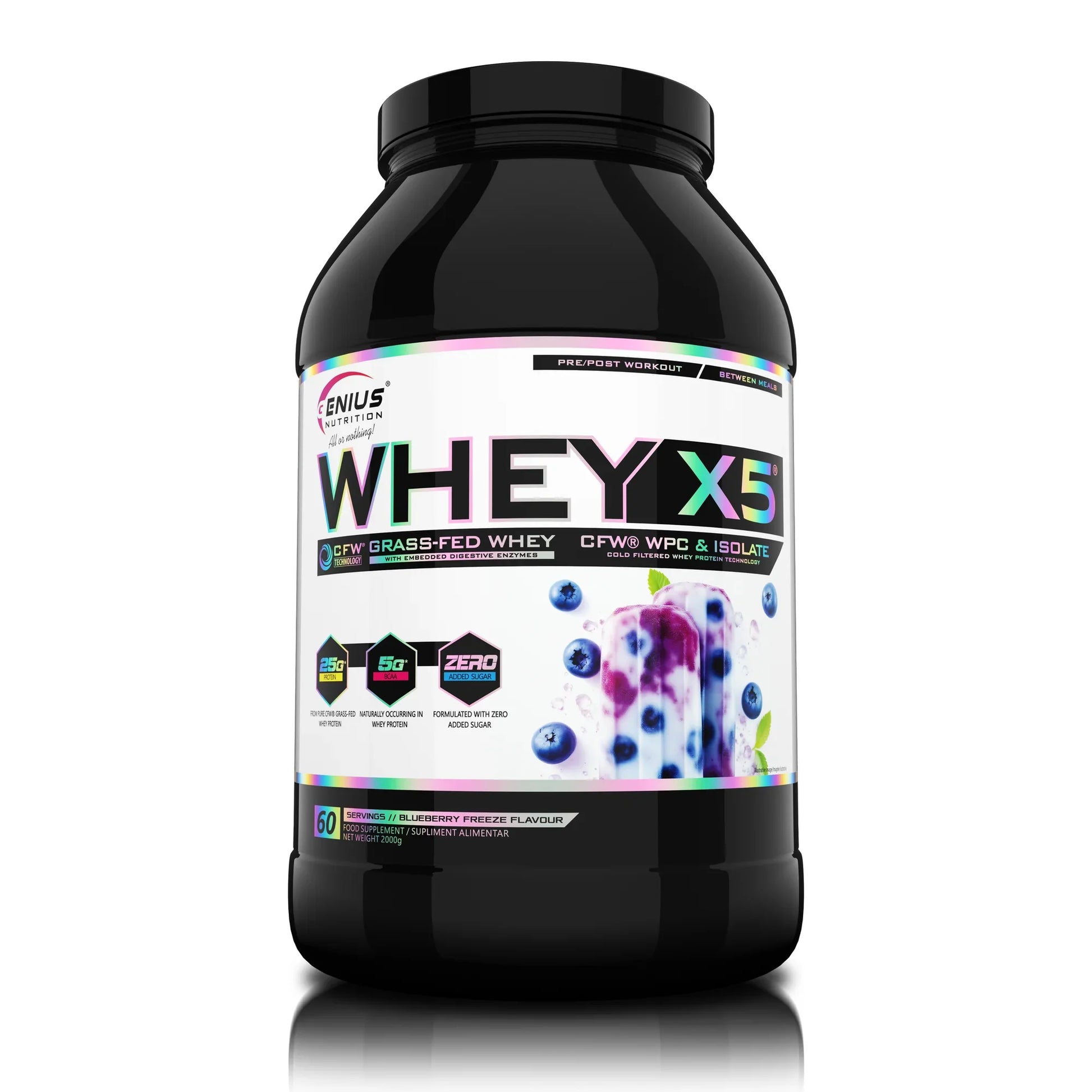 Blueberry flavored Genius Nutrition WHEY-X5® protein powder in 900g container, showcasing the product packaging and fresh blueberries.