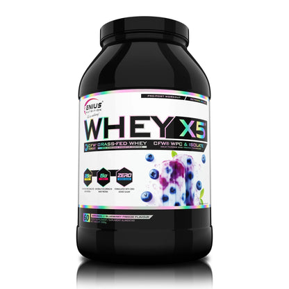 Blueberry flavored Genius Nutrition WHEY-X5® protein powder in 900g container, showcasing the product packaging and fresh blueberries.