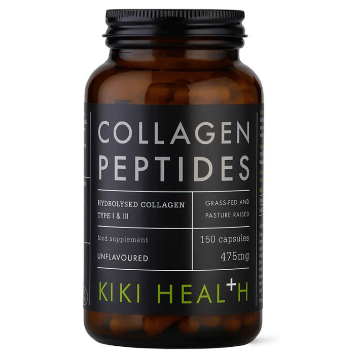 Kiki Health Grass Fed Collagen Peptides in 150 vegicaps, showcasing the bottle and label details.