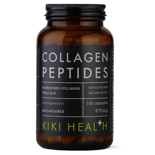 Kiki Health Grass Fed Collagen Peptides in 150 vegicaps, showcasing the bottle and label details.